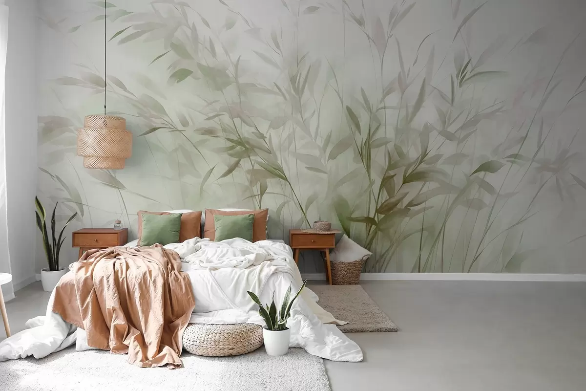 wall murals Трава и коров са танким листовима и стабљикама, светло зелене и смеђе боје, меки и нежни потези четкицом, минималистички отисак w09342