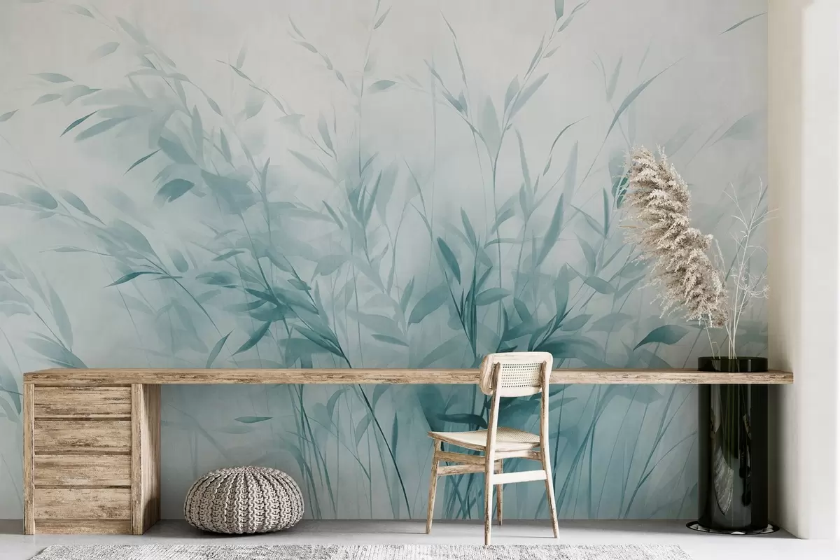 wall murals Трава и коров са танким листовима и стабљикама, светлоплаве боје, меки и нежни потези четкицом, минималистички отисак w09342v1