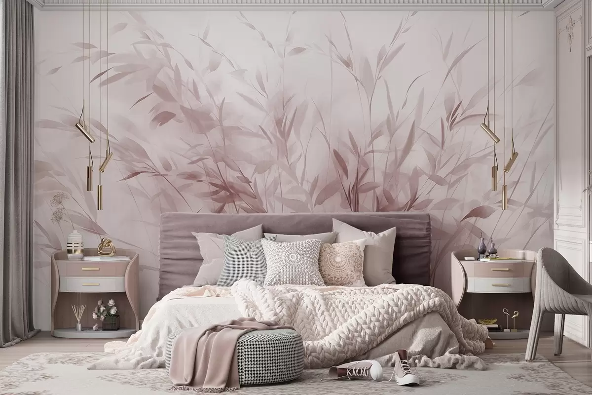 wall murals Трава и коров са танким листовима и стабљикама, светло ружичасте боје, меки и нежни потези четкицом, минималистички отисак w09342v2
