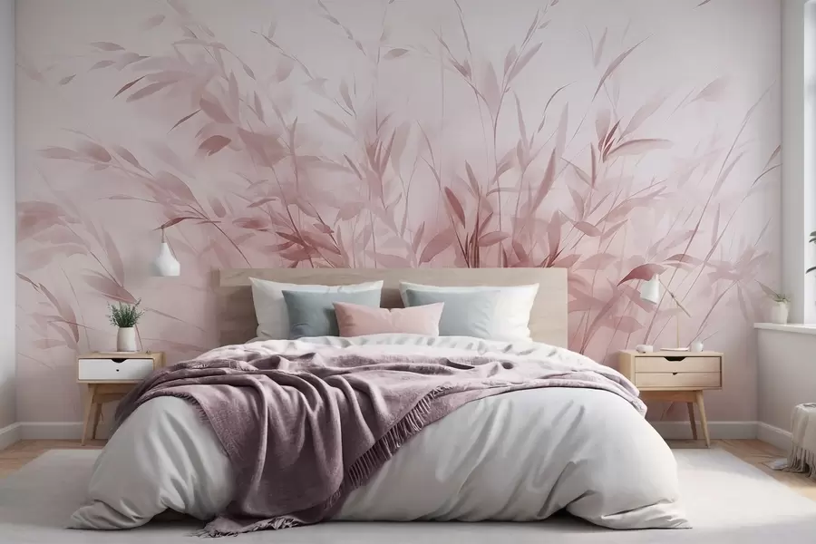 wall murals Трава и коров са танким листовима и стабљикама, светло ружичасте боје, меки и нежни потези четкицом, минималистички отисак w09342v2