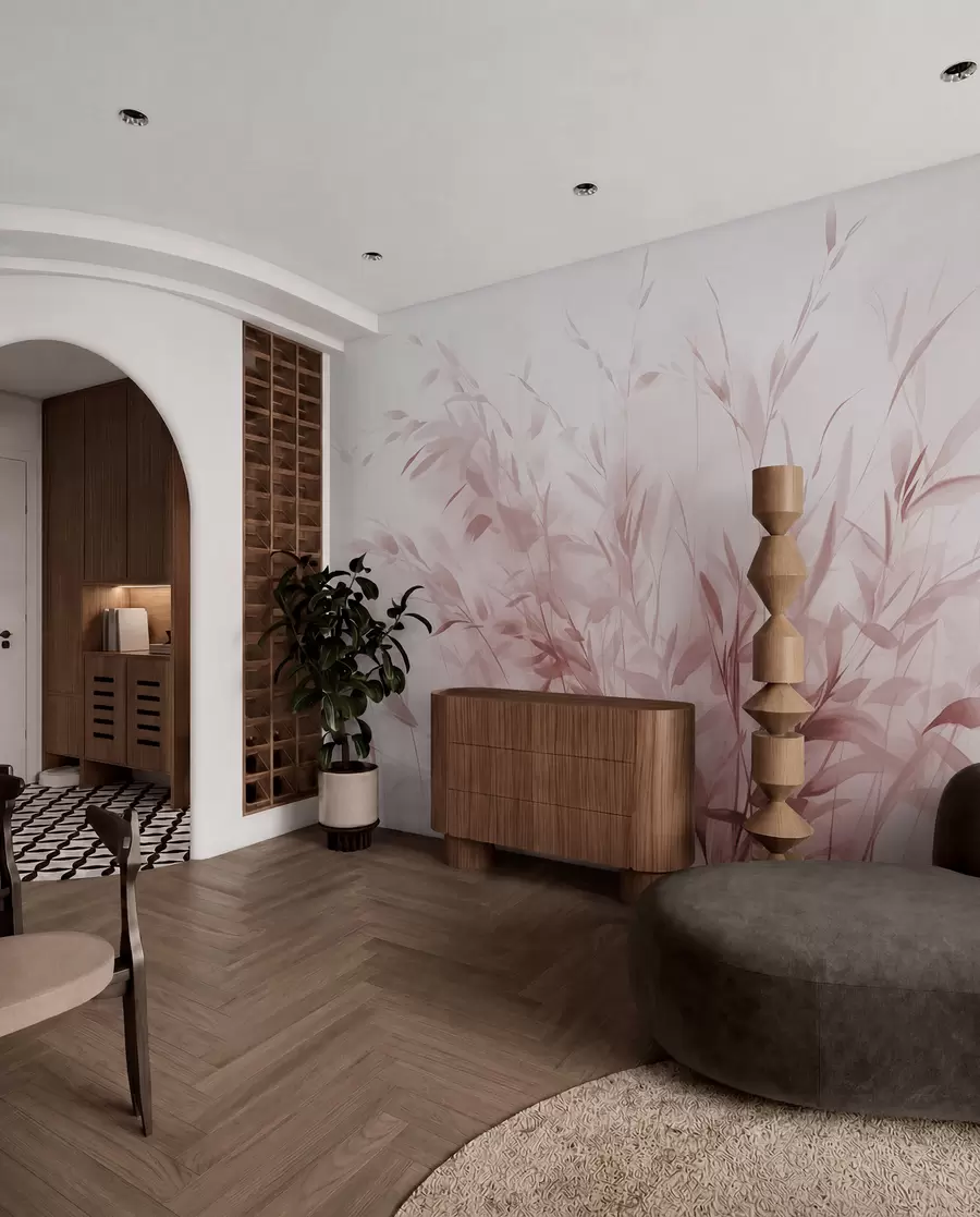 wall murals Трава и коров са танким листовима и стабљикама, светло ружичасте боје, меки и нежни потези четкицом, минималистички отисак w09342v2