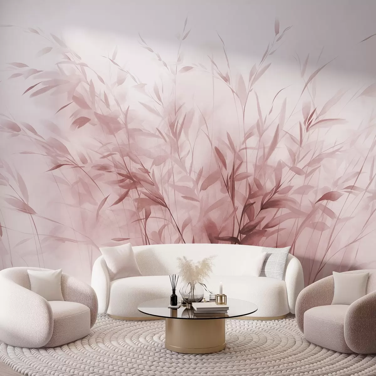 wall murals Трава и коров са танким листовима и стабљикама, светло ружичасте боје, меки и нежни потези четкицом, минималистички отисак w09342v2