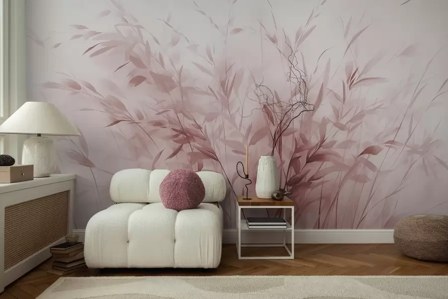 wall murals Трава и коров са танким листовима и стабљикама, светло ружичасте боје, меки и нежни потези четкицом, минималистички отисак w09342v2