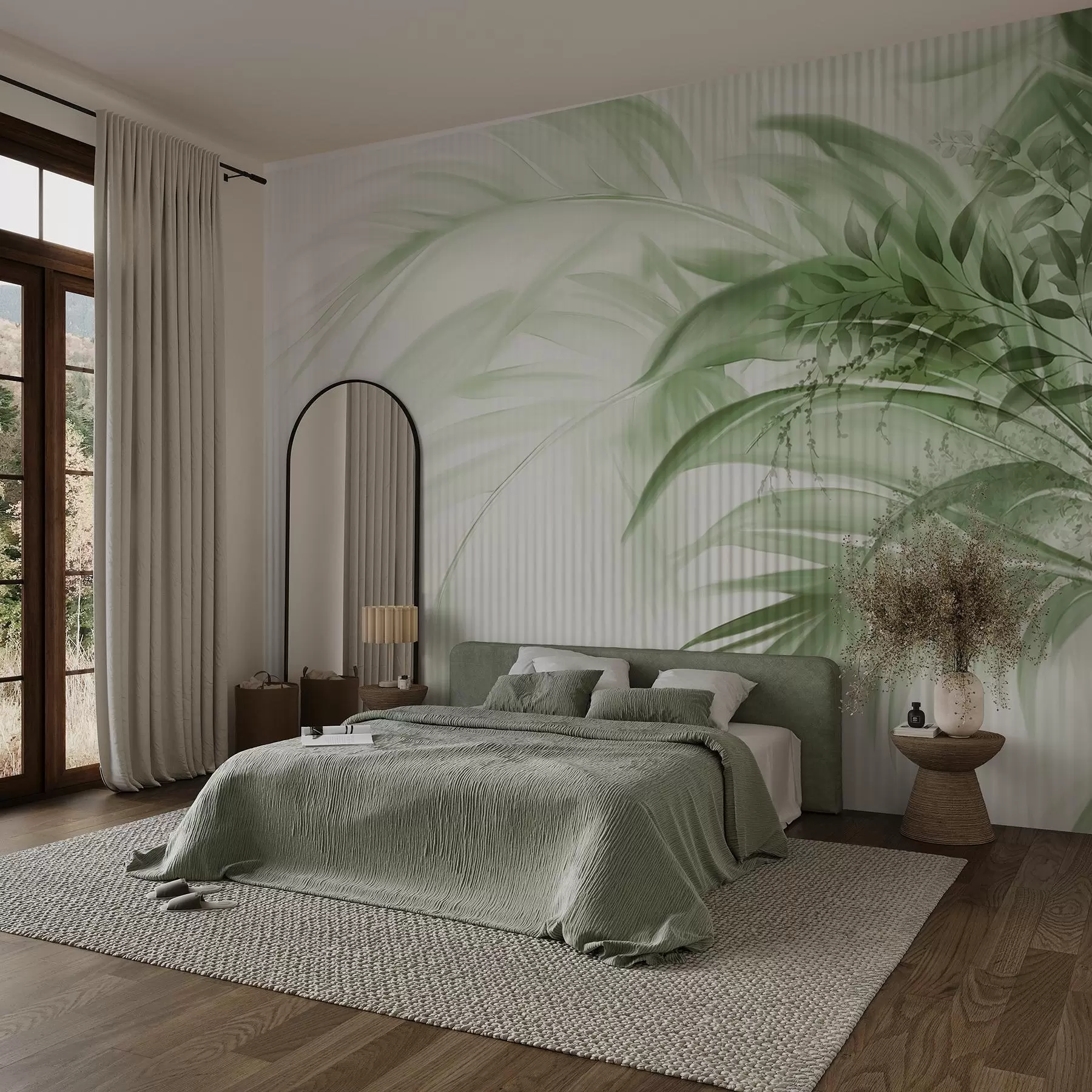 wall murals Палмино тропско зелено лишће са белом пругастом позадином, меко осветљење, нежни потези четкицом, органски облици w09343