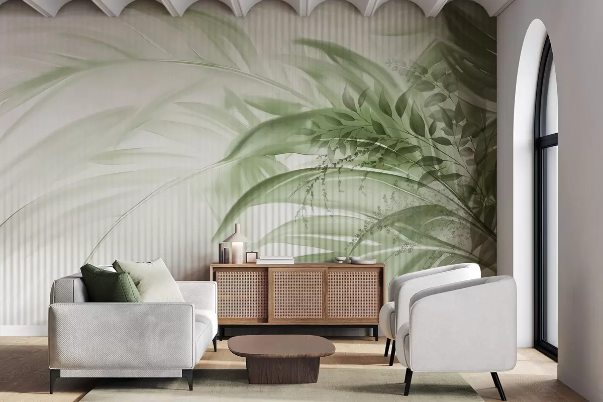 wall murals Палмино тропско зелено лишће са белом пругастом позадином, меко осветљење, нежни потези четкицом, органски облици w09343
