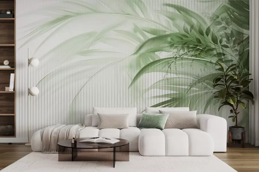 wall murals Палмино тропско зелено лишће са белом пругастом позадином, меко осветљење, нежни потези четкицом, органски облици w09343