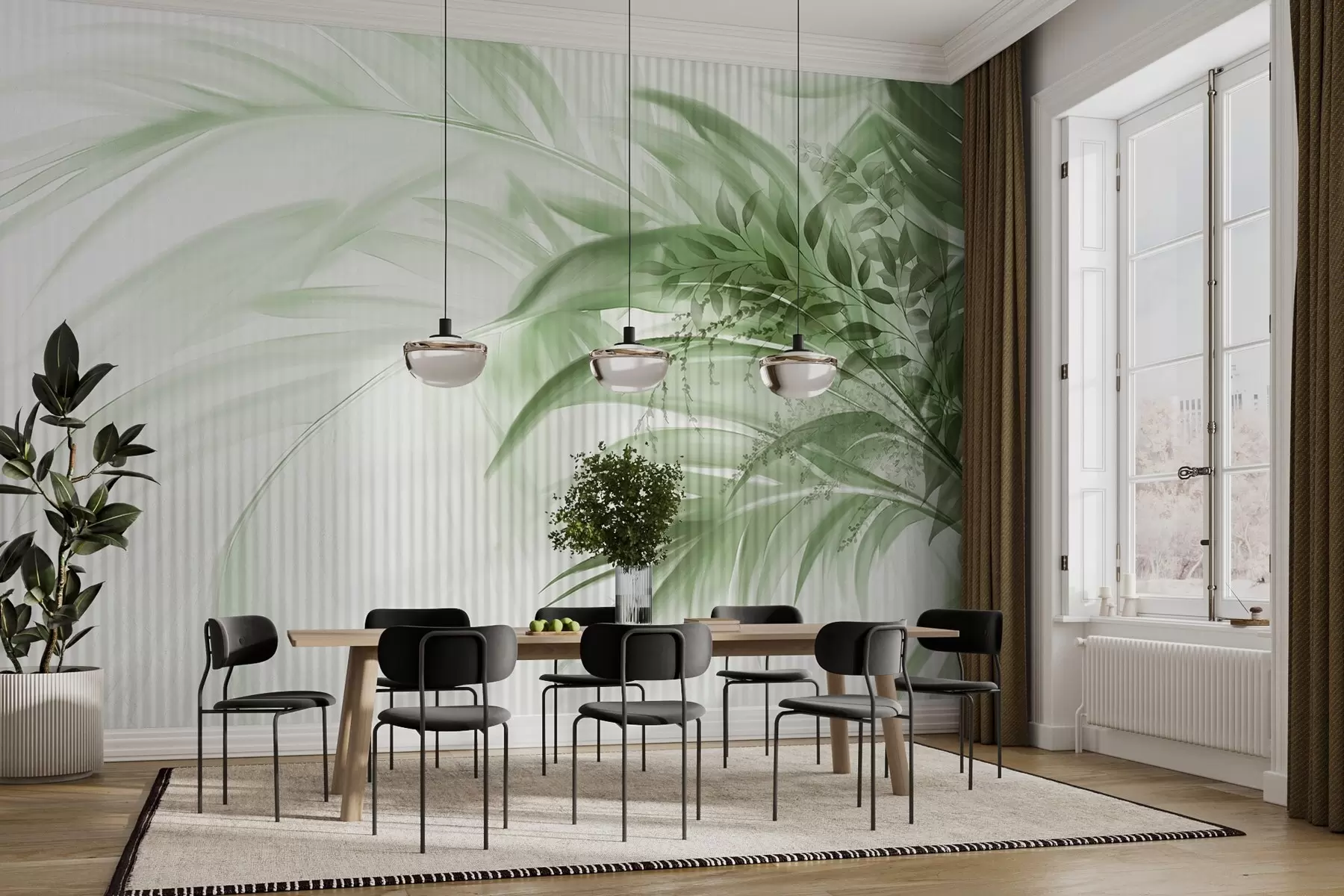 wall murals Палмино тропско зелено лишће са белом пругастом позадином, меко осветљење, нежни потези четкицом, органски облици w09343