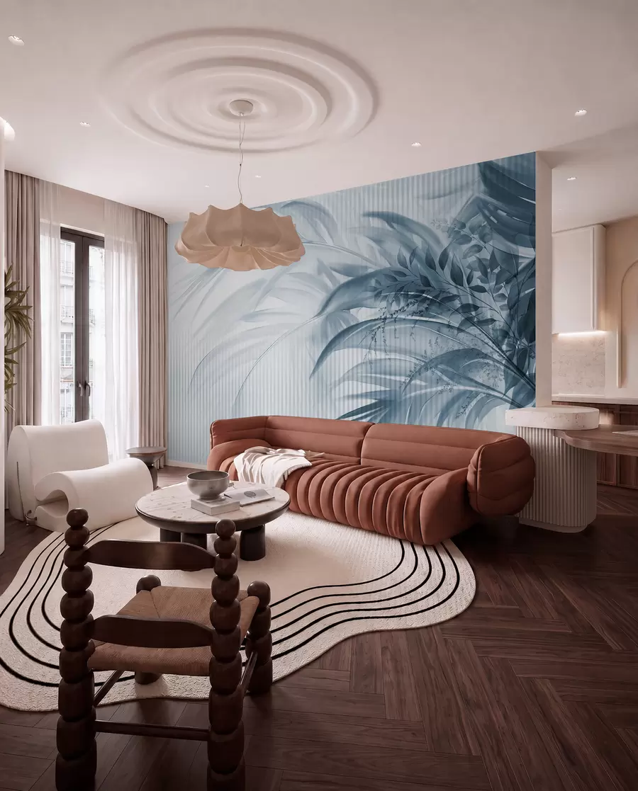 wall murals Палмино тропско плаво лишће са белом пругастом позадином, меко осветљење, нежни потези четкицом, органски облици w09343v1