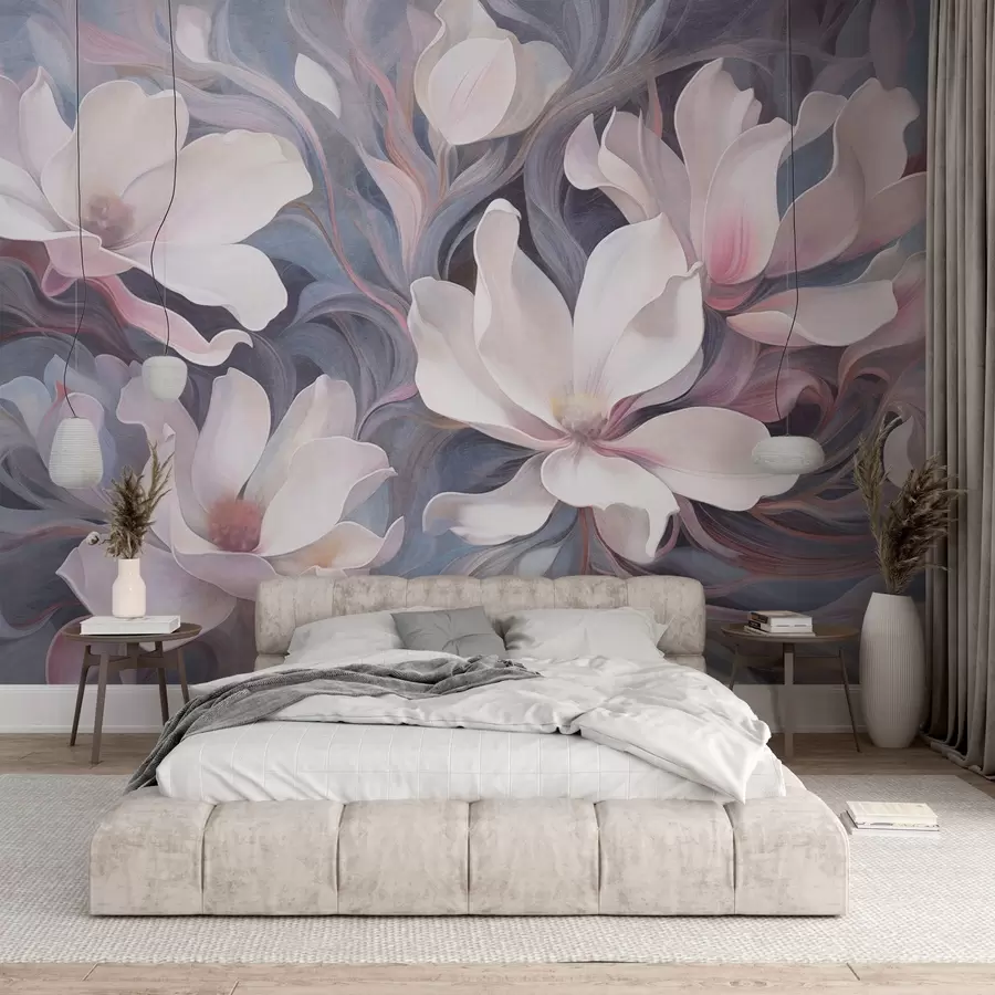 wall murals Текстурирана слика белих цветова магнолије са ружичастим акцентима, постављена на позадини вртложних, пригушених плавих и сивих тонова w09344