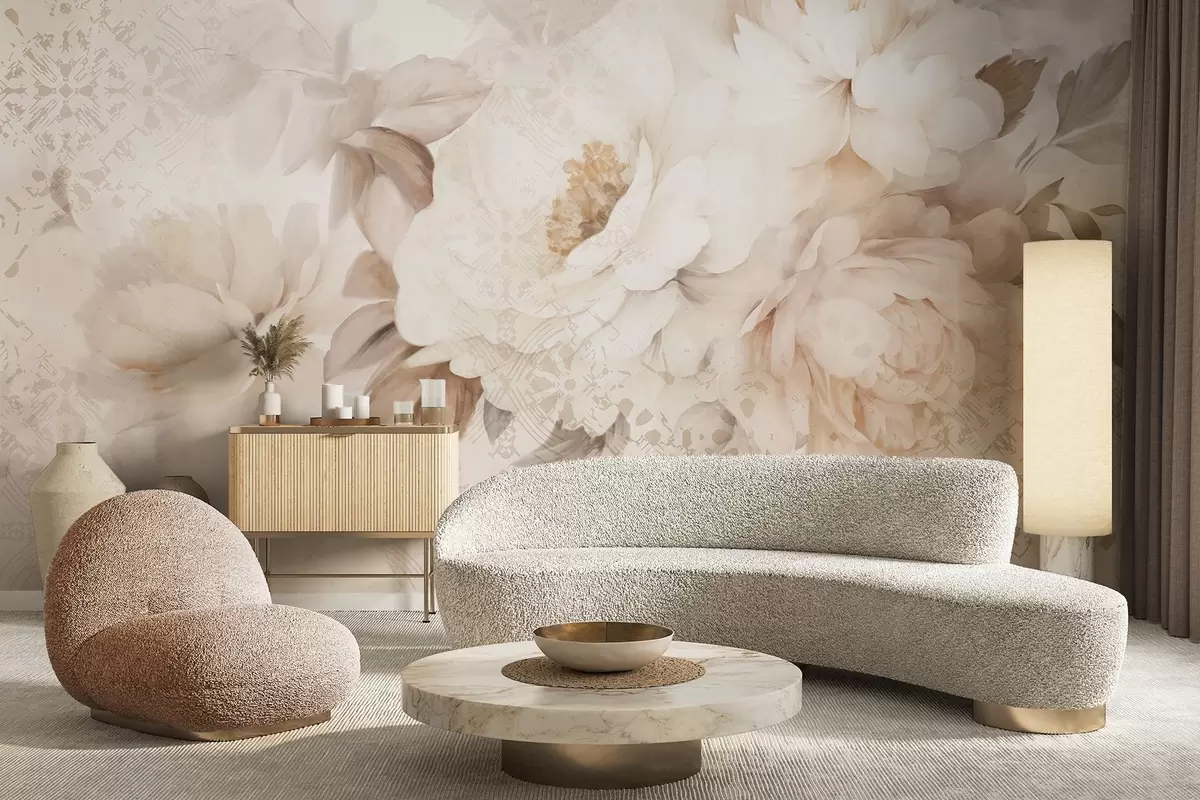 wall murals Цветни аранжман од белих божура са беж листовима, постављен на декоративној позадини са винтаге текстуром w09345