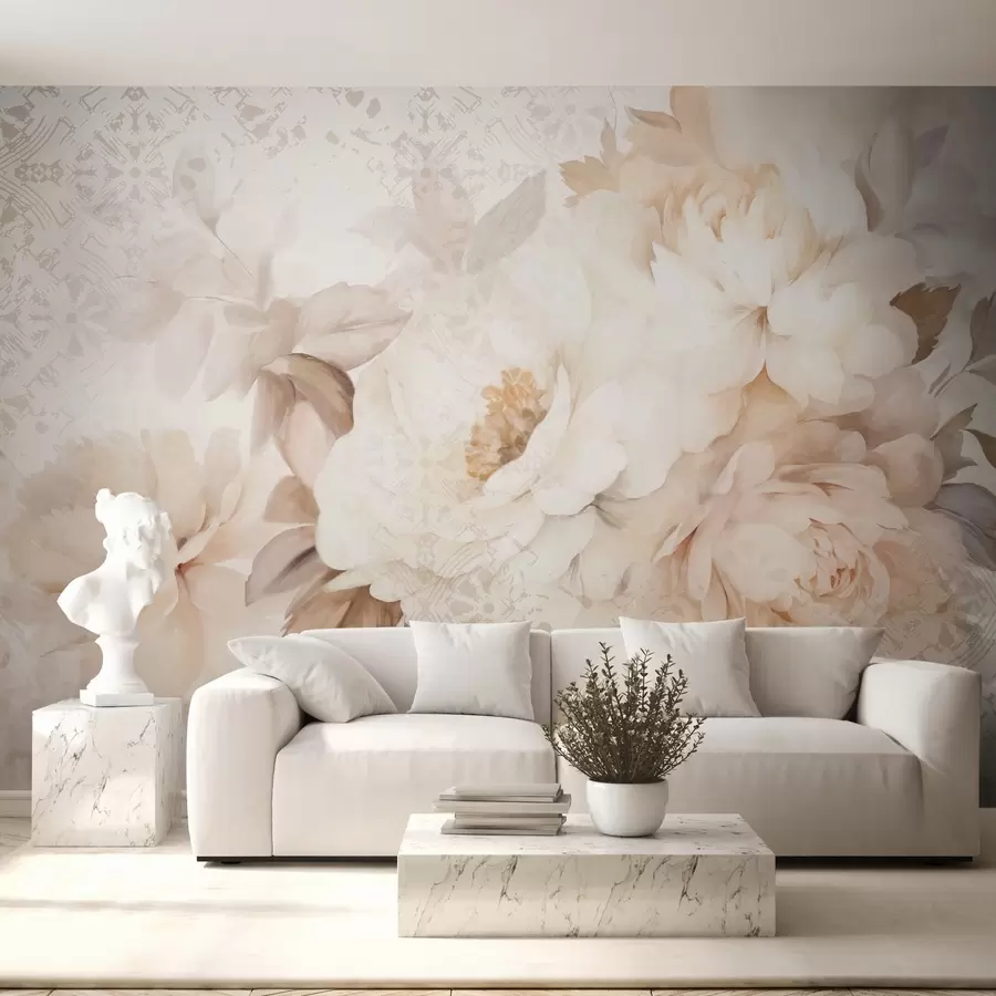 wall murals Цветни аранжман од белих божура са беж листовима, постављен на декоративној позадини са винтаге текстуром w09345