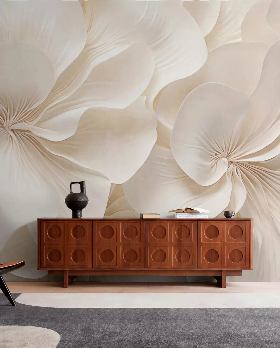 wall murals Крупни план кремасто текстурираног цвећа са нежним, лепршавим латицама, стварајући мекан, елегантан и текстуриран цветни аранжман w09346