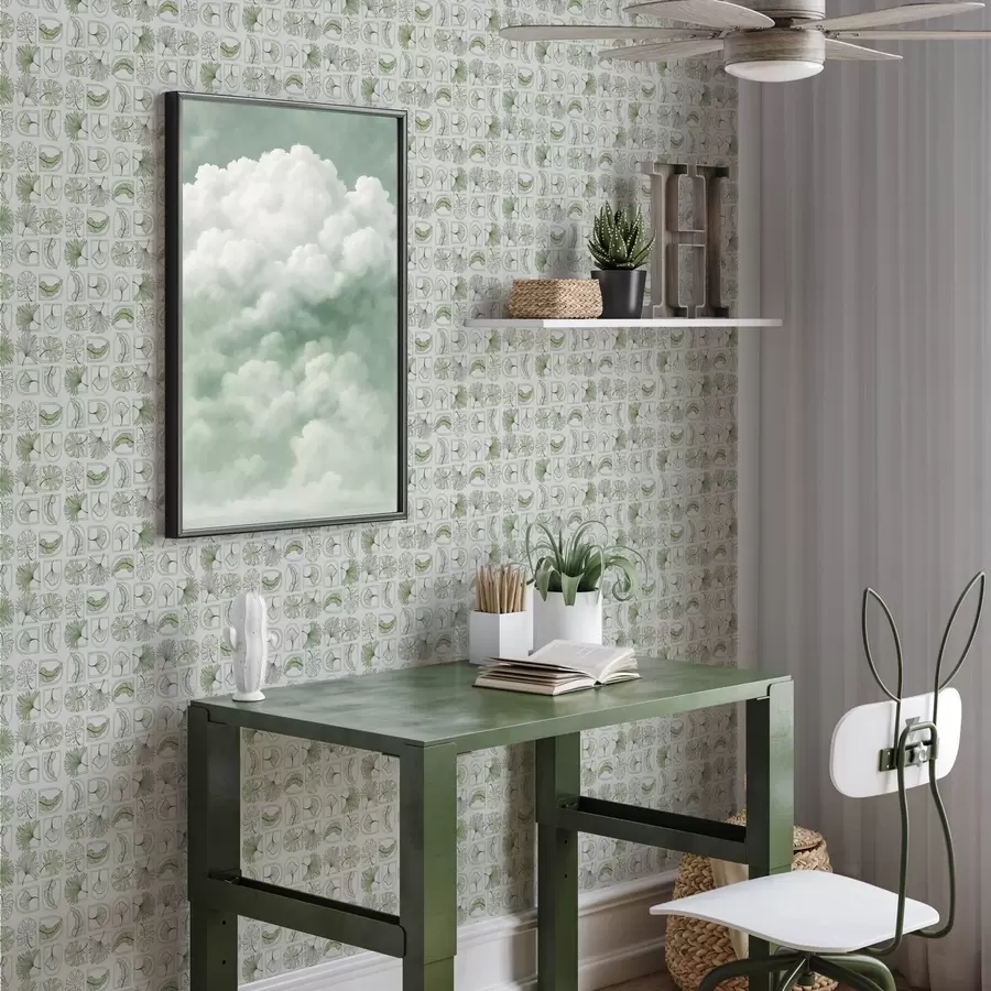 wall murals Графички узорак са зеленим листовима у квадратима a00287