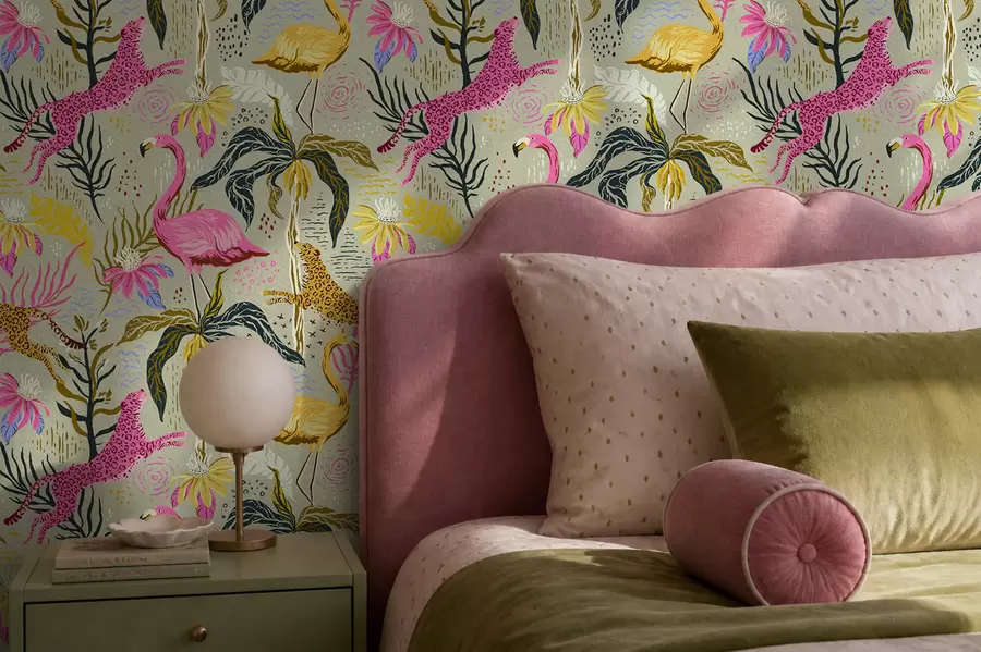 wall murals Светли фламингоси и леопарди међу тропским биљкама a00470