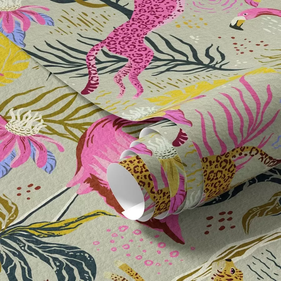 wall murals Светли фламингоси и леопарди међу тропским биљкама a00470