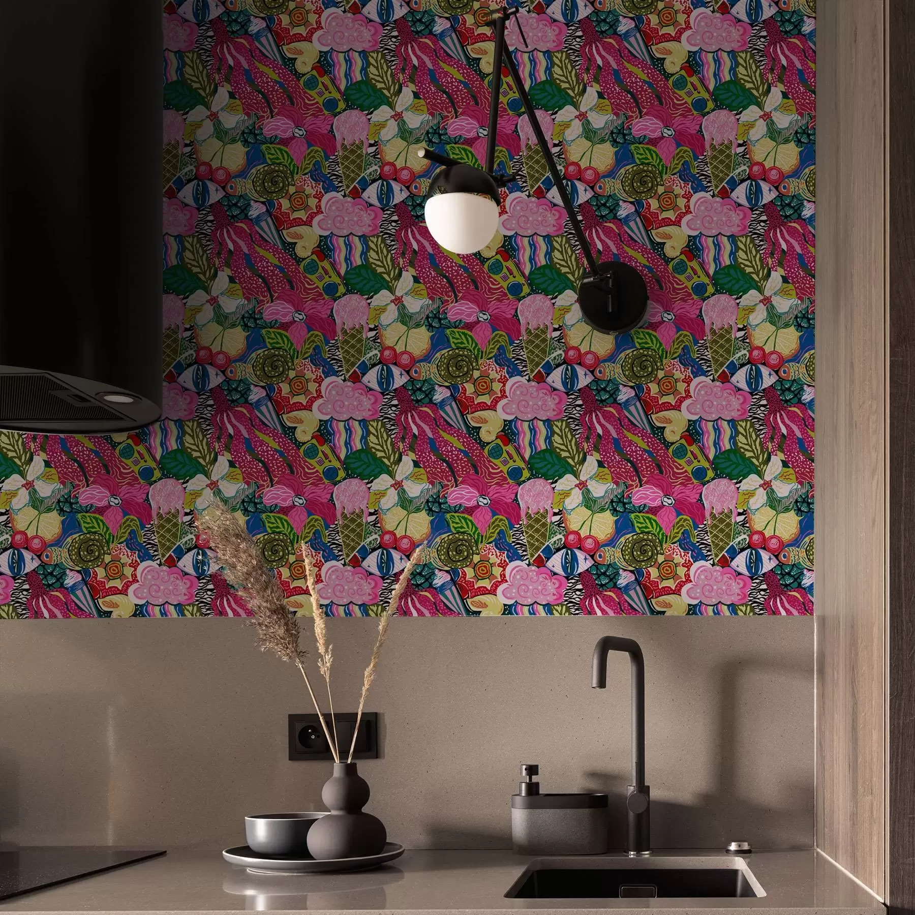 wall murals Апстрактни поп-арт са цвећем, бобицама и шарама a00471