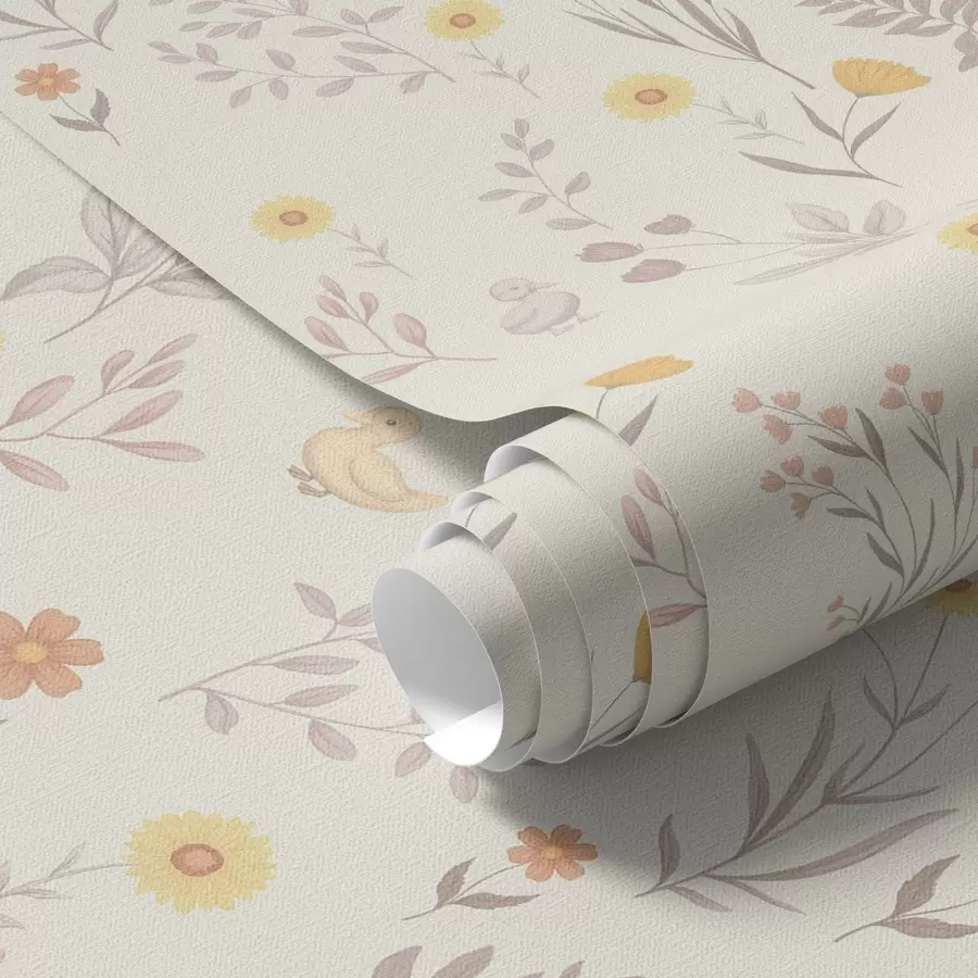 wall murals Пољско цвеће и кокошке у меким пастелним тоновима a00478