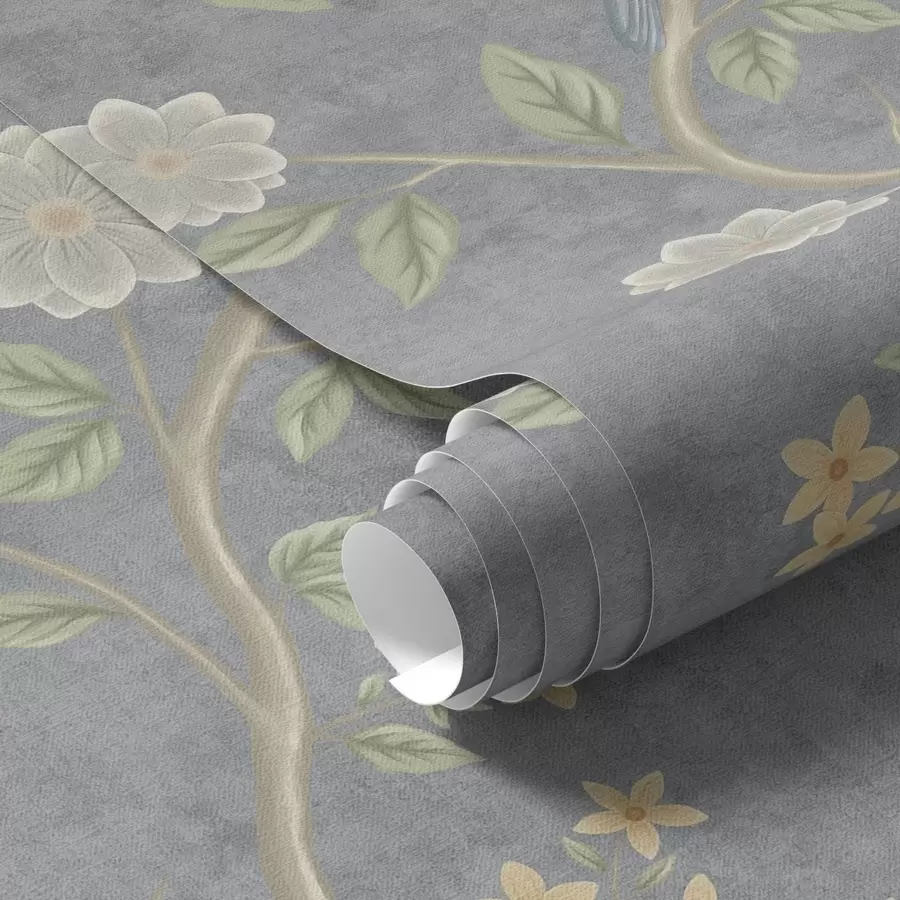 wall murals Птице на гранама међу цвећем на сивој позадини a00483