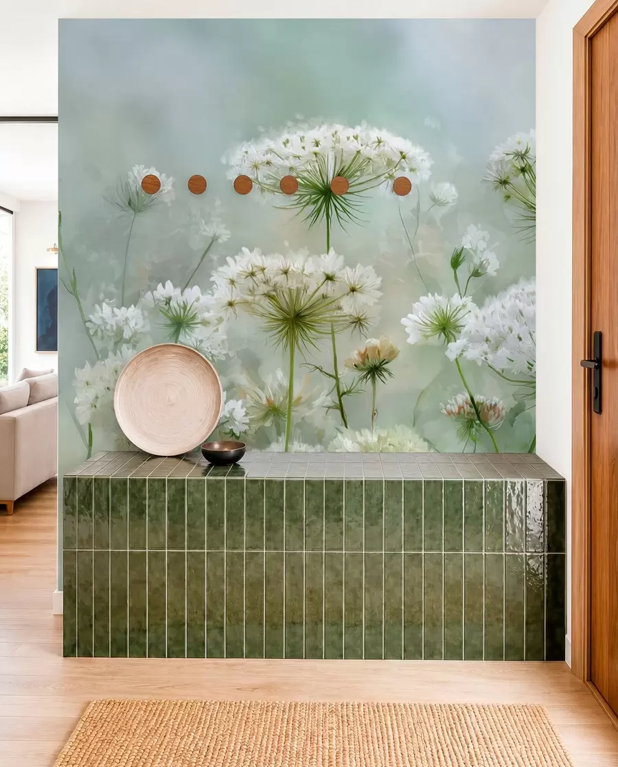 wall murals Нежно бело дивље цвеће краљице Ане, у сликовитом стилу, зелени тонови w04313