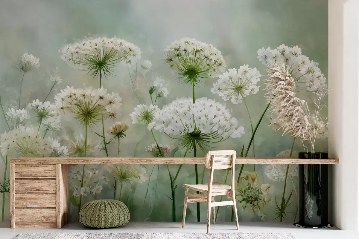 wall murals Нежно бело дивље цвеће краљице Ане, у сликовитом стилу, зелени тонови w04313