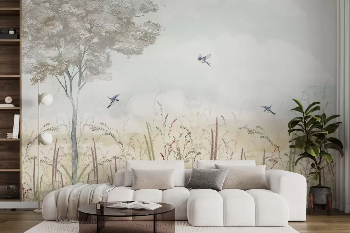 wall murals Пејзаж са дрвећем, птицама и ливадским травама w04350