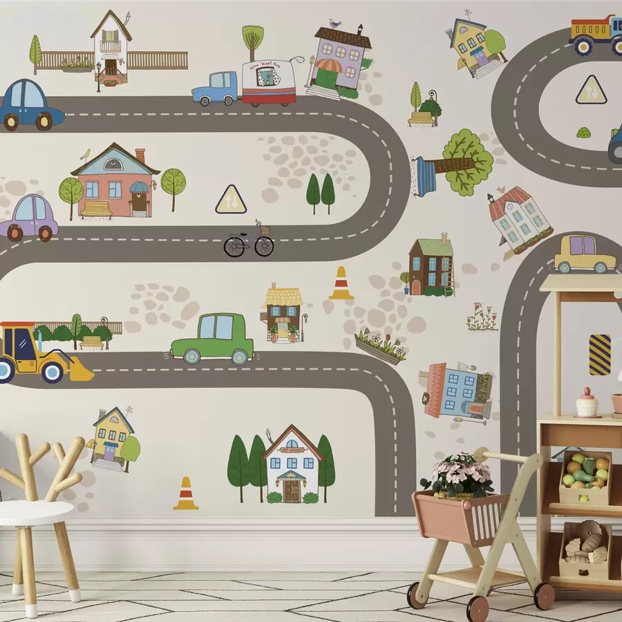 wall murals Дечји пут са аутомобилима и шареним кућама w04404
