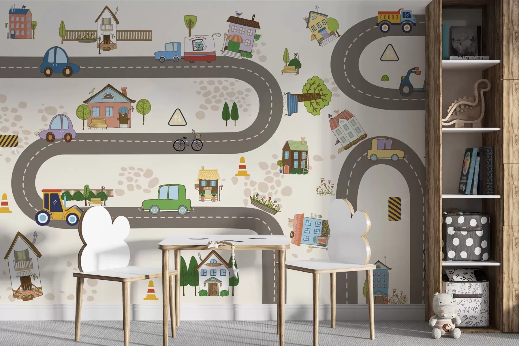 wall murals Дечји пут са аутомобилима и шареним кућама w04404