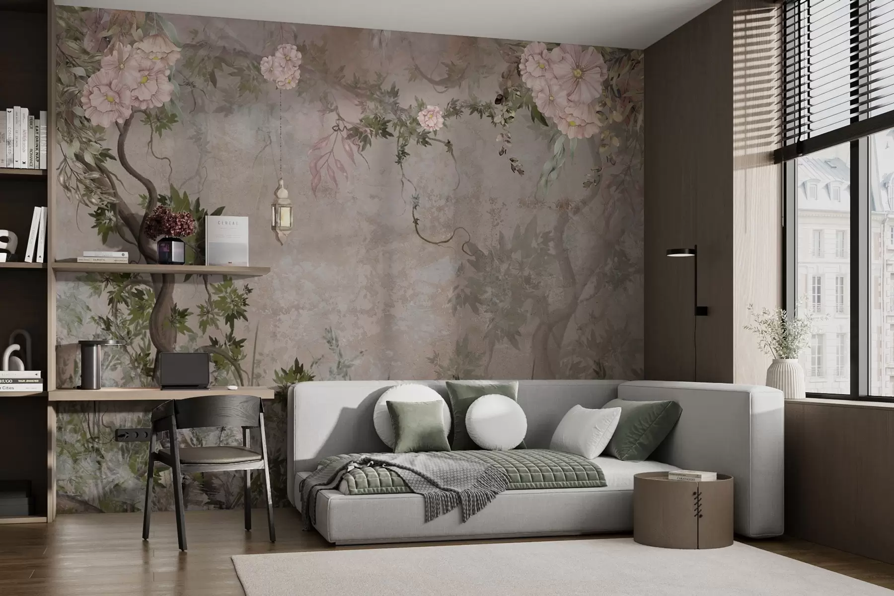 wall murals Бајковита башта са цвећем, дрвећем и фењером w04416