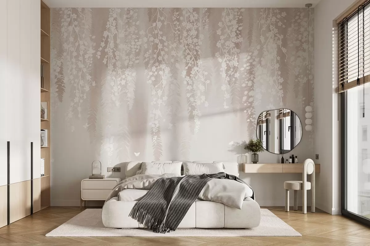 wall murals Светле гране са белим цвећем на нежној позадини w04417