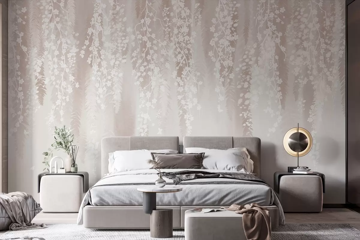 wall murals Светле гране са белим цвећем на нежној позадини w04417