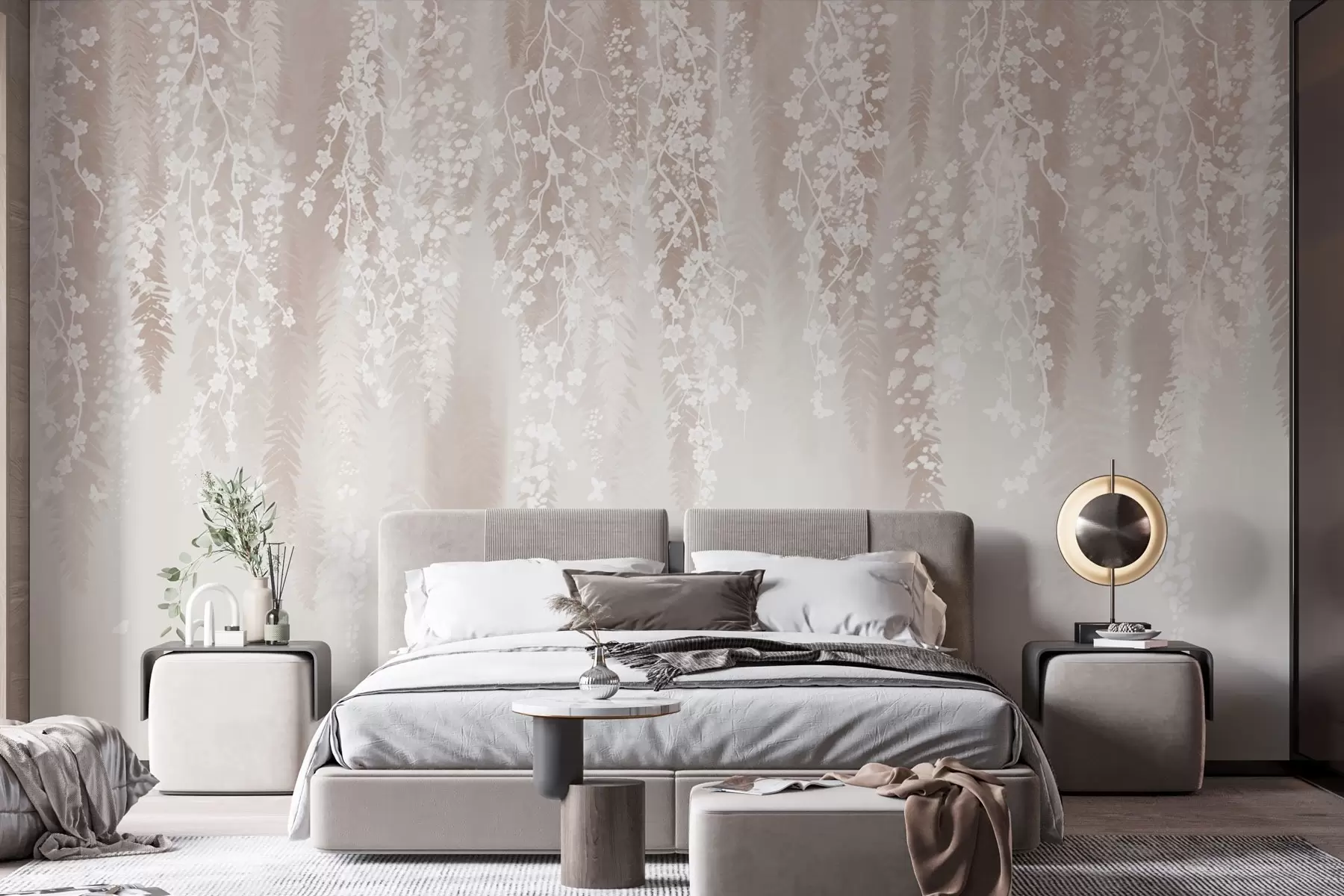 wall murals Светле гране са белим цвећем на нежној позадини w04417