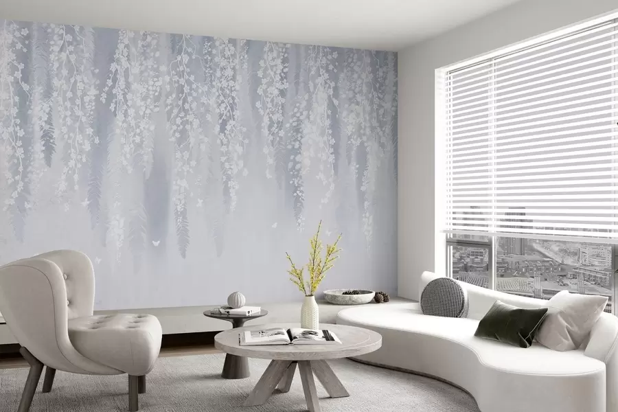 wall murals Хладна плава верзија грана са белим цвећем w04417v2