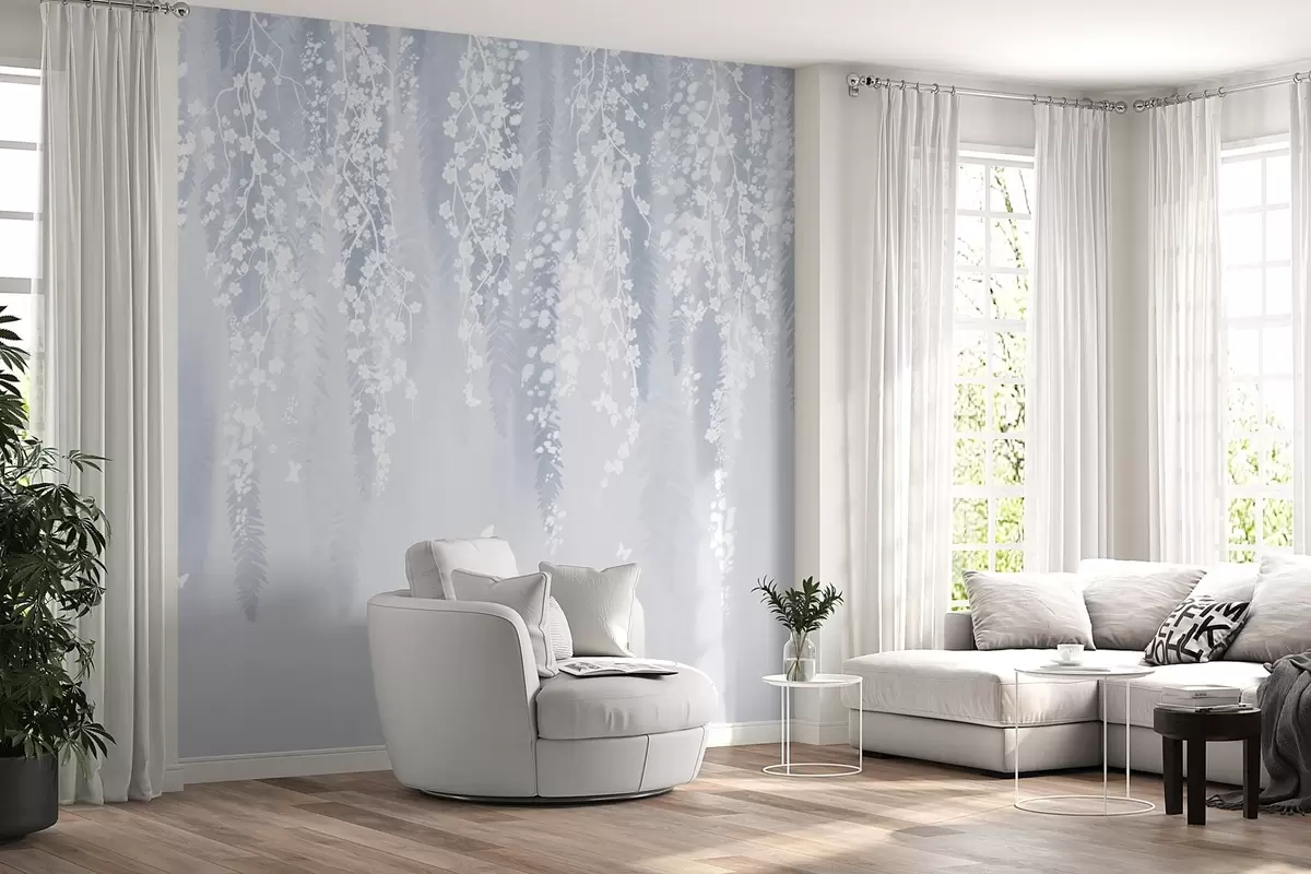wall murals Хладна плава верзија грана са белим цвећем w04417v2