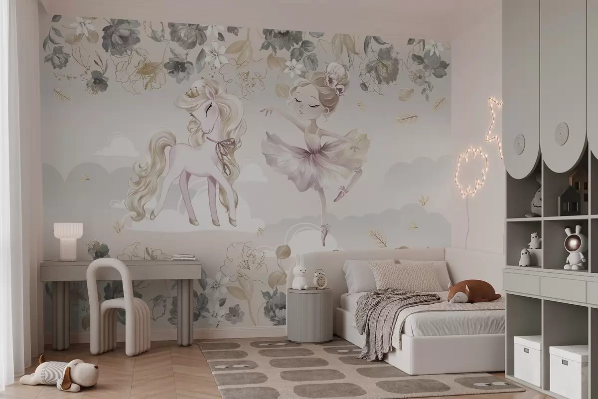 wall murals Снежнобели пони и балерина међу цвећем и облацима w04419