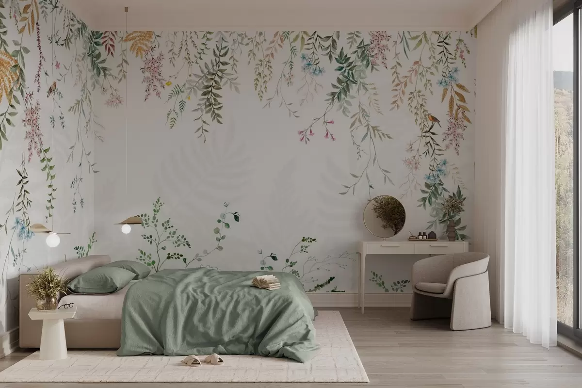 wall murals Ботаничка илустрација са папратима, травом и висећим биљкама, пастелним тоновима, на белој позадини у акварелном текстурираном стилу w09364