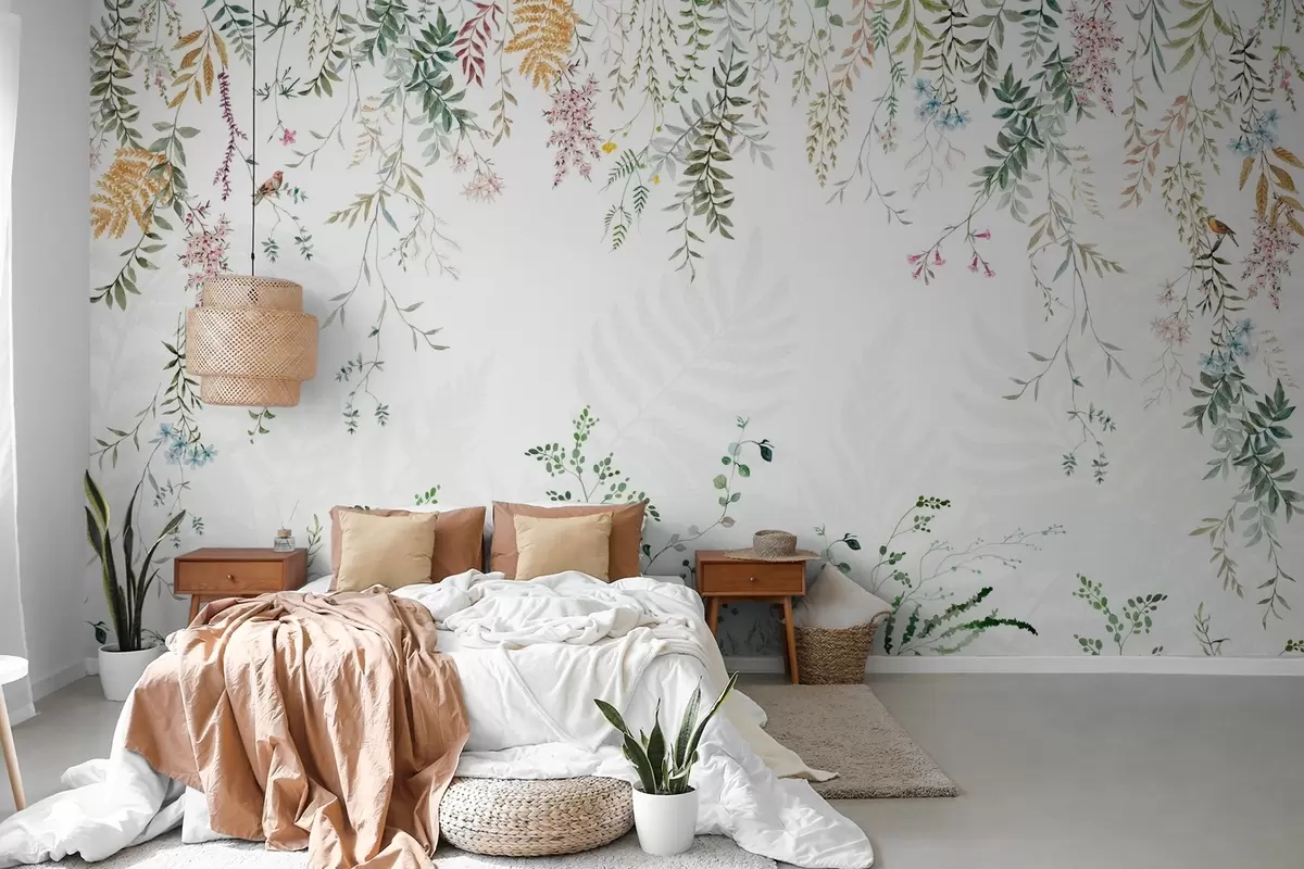 wall murals Ботаничка илустрација са папратима, травом и висећим биљкама, пастелним тоновима, на белој позадини у акварелном текстурираном стилу w09364