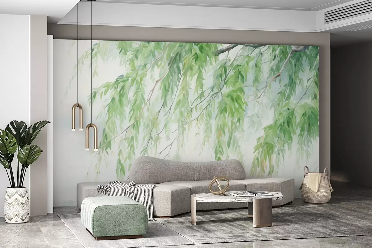 wall murals Гране плакуће врбе са зеленим листовима који висе надоле, меки и нежни потези четкицом, стил сликања акварелом w09365