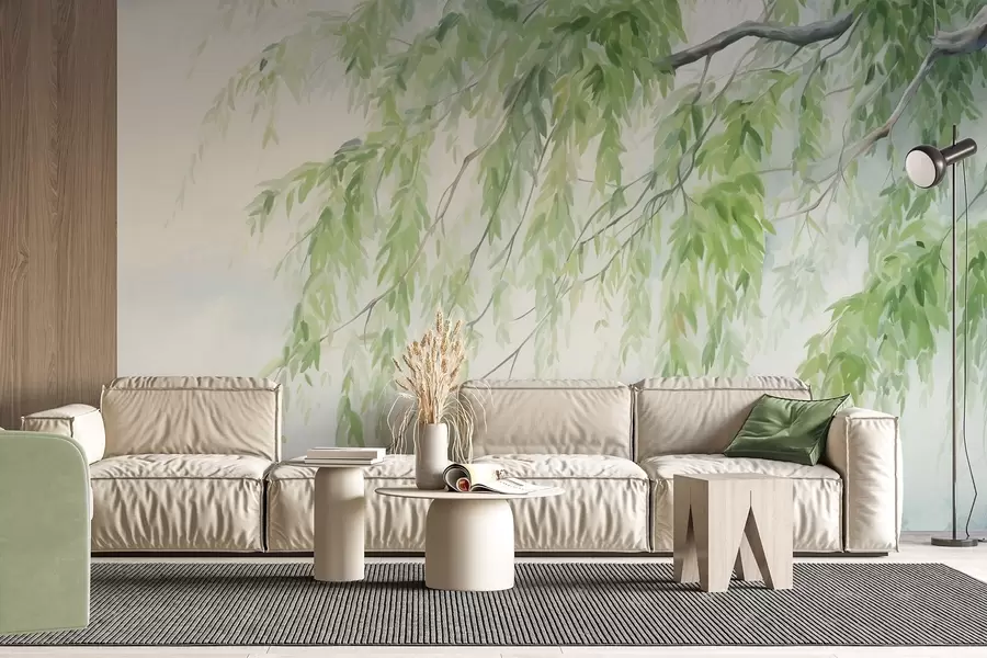wall murals Гране плакуће врбе са зеленим листовима који висе надоле, меки и нежни потези четкицом, стил сликања акварелом w09365