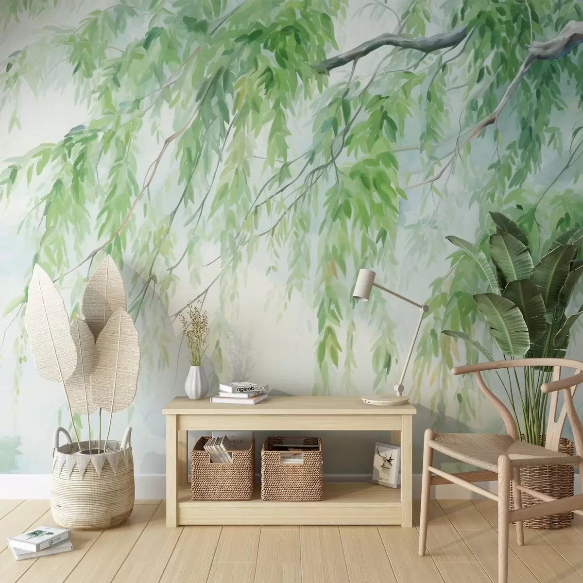 wall murals Гране плакуће врбе са зеленим листовима који висе надоле, меки и нежни потези четкицом, стил сликања акварелом w09365