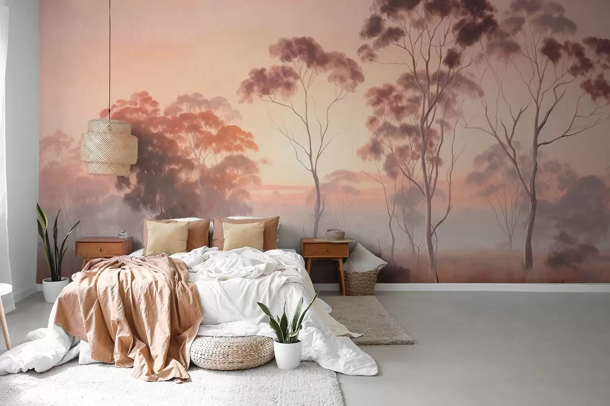 wall murals Пејзаж са еукалиптусима у пољу са пастелно ружичастим и наранџастим небом, лаганом маглом, стилом сликања текстуре w09367