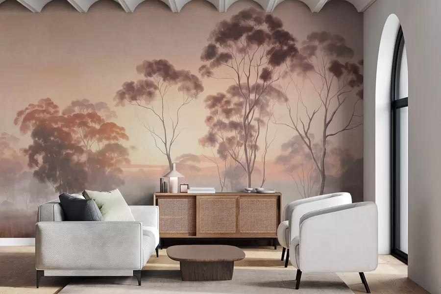 wall murals Пејзаж са еукалиптусима у пољу са пастелно ружичастим и наранџастим небом, лаганом маглом, стилом сликања текстуре w09367