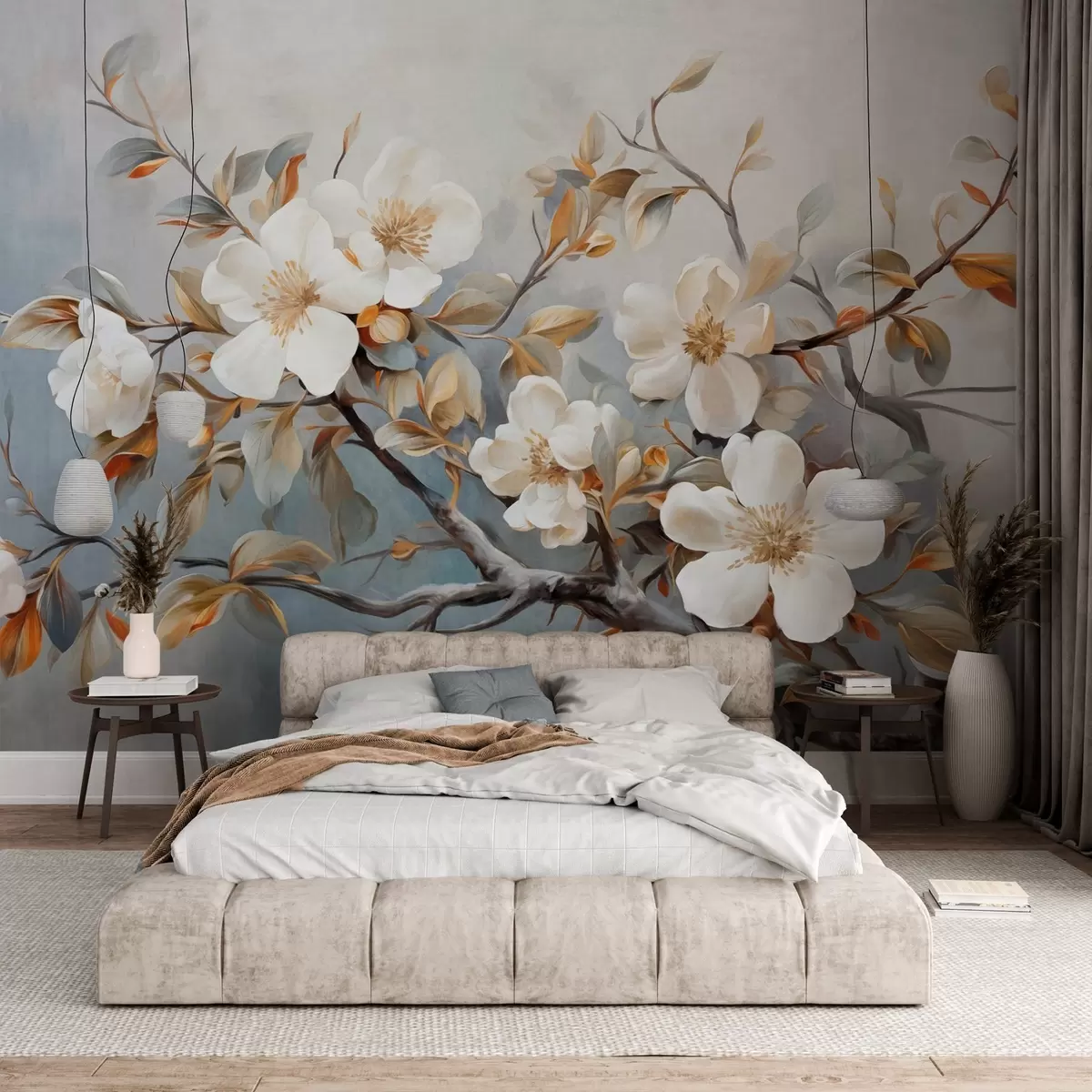 wall murals Бело цвеће са жутим тучковима на грани дрвета са лишћем, светла позадина, винтаге стил сликања, текстурирани отисак w09368