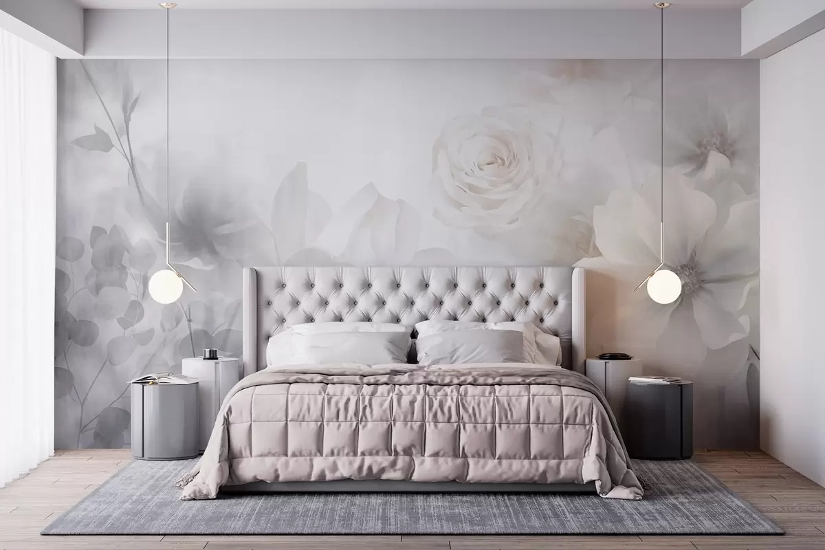 wall murals Деликатан апстрактни цветни аранжман са пастелно ружичастим ружама и магнолијама, меки фокус, светло сива позадина w09371