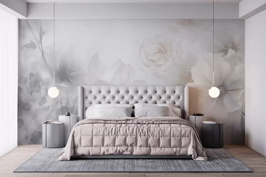wall murals Деликатан апстрактни цветни аранжман са пастелно ружичастим ружама и магнолијама, меки фокус, светло сива позадина w09371