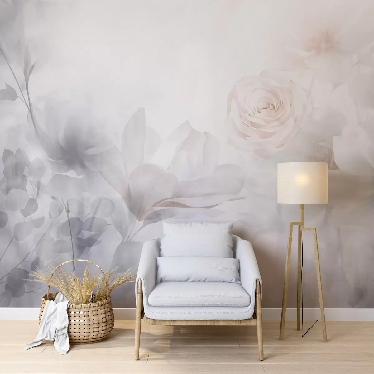 wall murals Деликатан апстрактни цветни аранжман са пастелно ружичастим ружама и магнолијама, меки фокус, светло сива позадина w09371