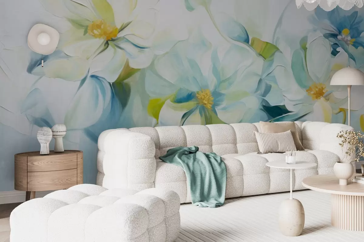 wall murals Апстрактни бели и плави цветови са жутим тучковима и зеленим листовима, на белој позадини, текстурирани стил сликања w09372