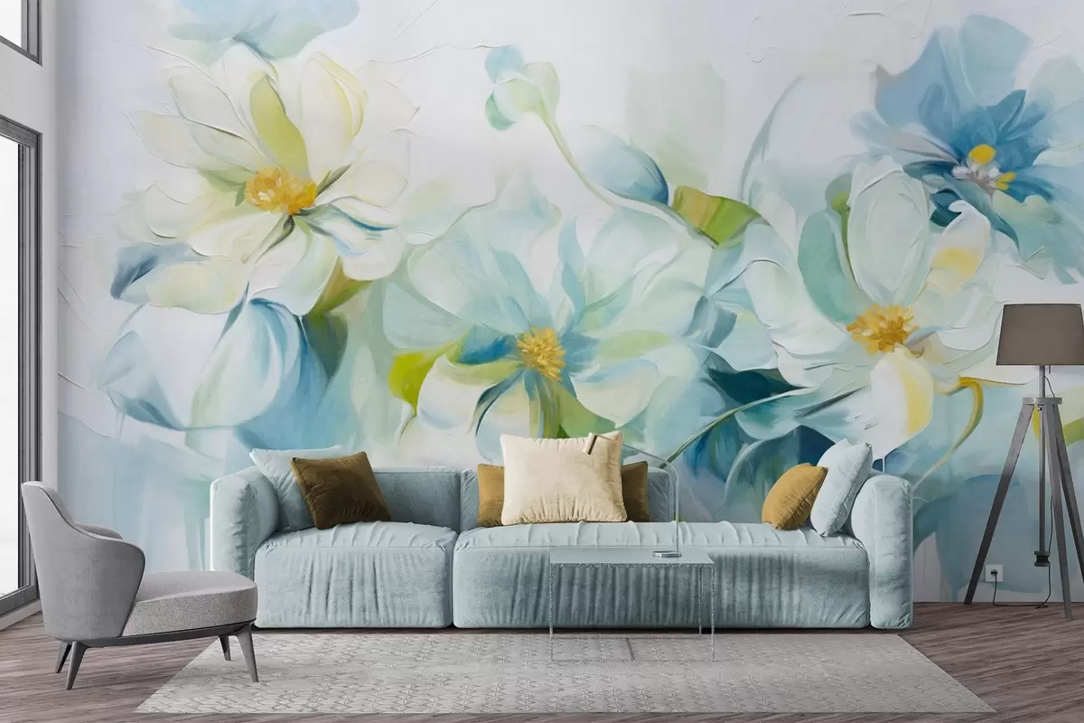 wall murals Апстрактни бели и плави цветови са жутим тучковима и зеленим листовима, на белој позадини, текстурирани стил сликања w09372