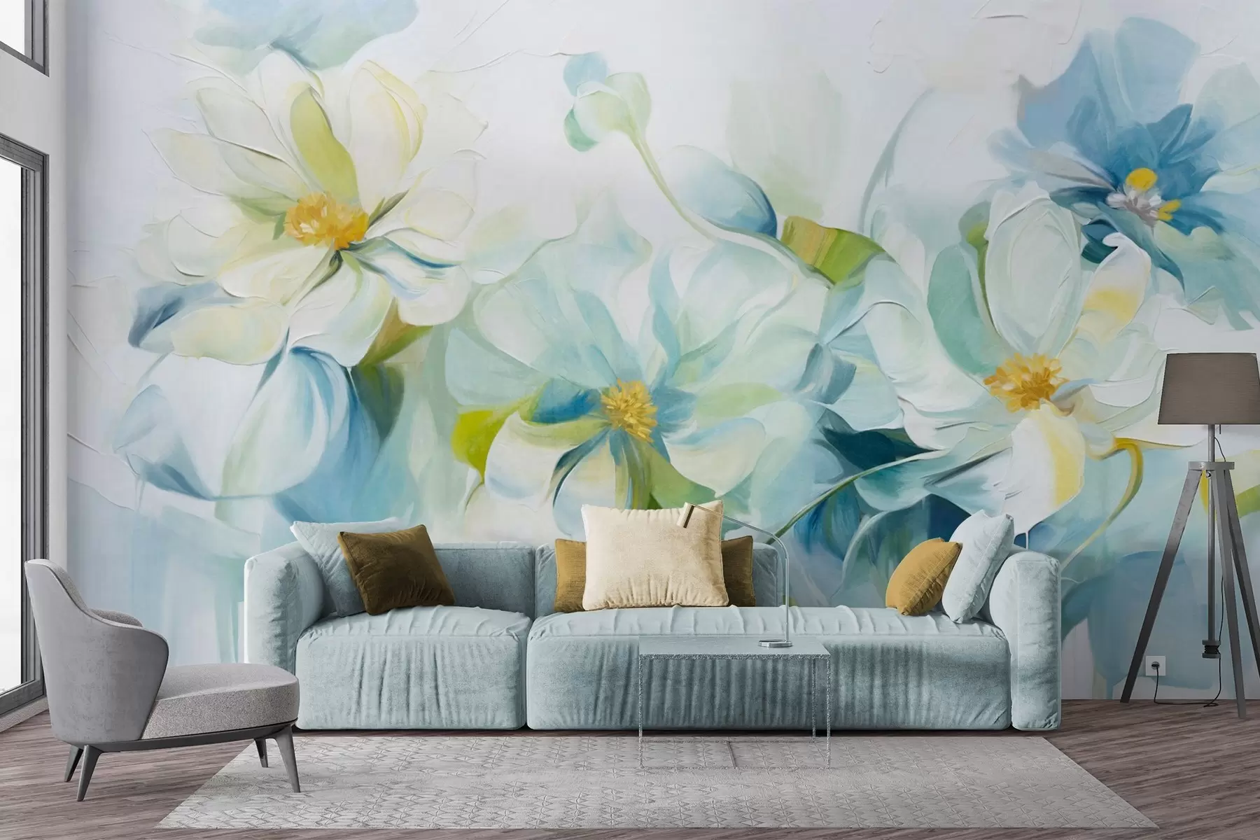 wall murals Апстрактни бели и плави цветови са жутим тучковима и зеленим листовима, на белој позадини, текстурирани стил сликања w09372