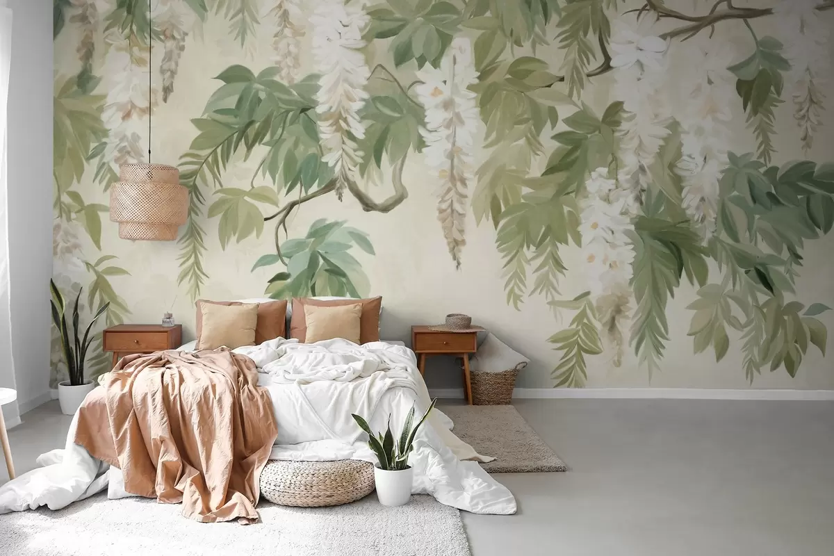 wall murals Гране глициније са белим цветовима и зеленим листовима, зелена позадина, текстурирани винтаге стил сликања w09375