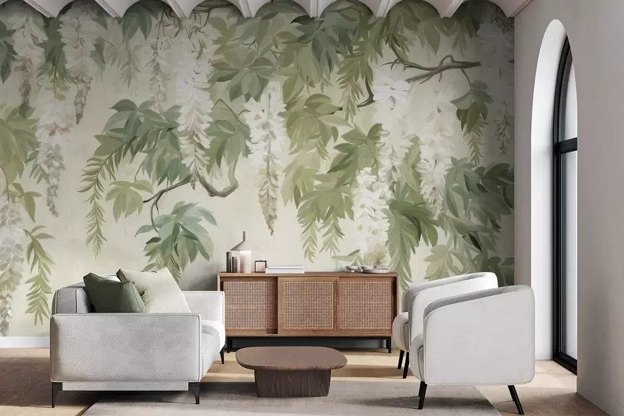wall murals Гране глициније са белим цветовима и зеленим листовима, зелена позадина, текстурирани винтаге стил сликања w09375